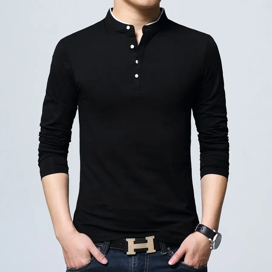 Men Cotton Stand Collar Long Sleeve T-Shirt Black