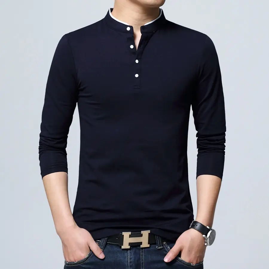 Men Cotton Stand Collar Long Sleeve T-Shirt Black