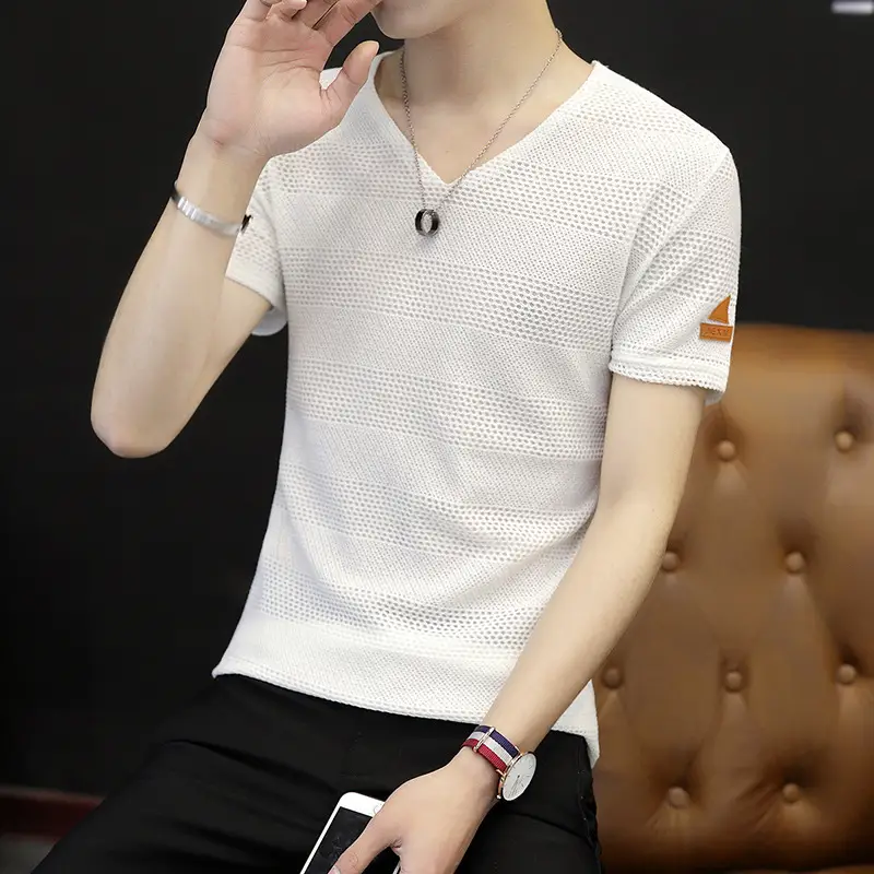 Men V-neck Mesh Short Sleeve T-Shirt Summer Slim Fit