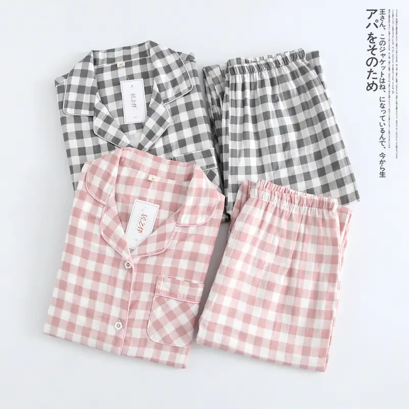 Couple Plaid Gauze Pajamas Women Pink Summer Home Wear
