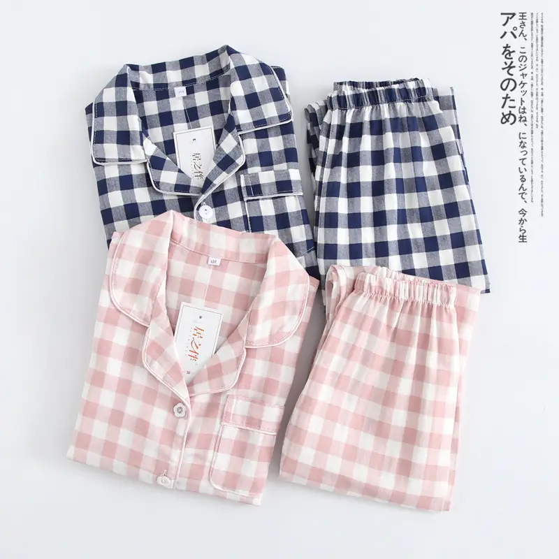 Couple Plaid Gauze Pajamas Women Pink Summer Home Wear