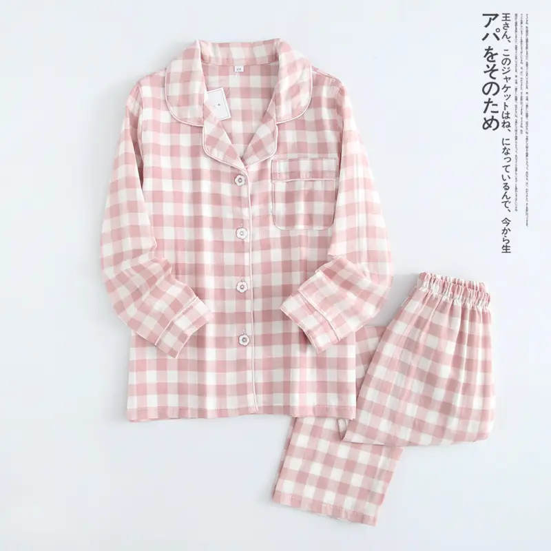 Couple Plaid Gauze Pajamas Women Pink Summer Home Wear