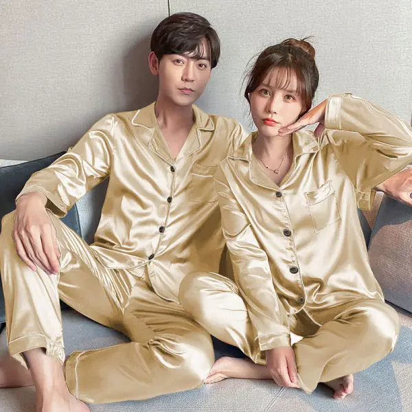 Men Silk Pajamas Long Sleeve Black Loose Autumn