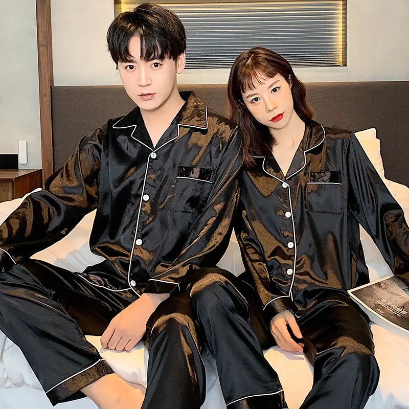 Silk Couple Pajamas Long Sleeve Black Loose Autumn