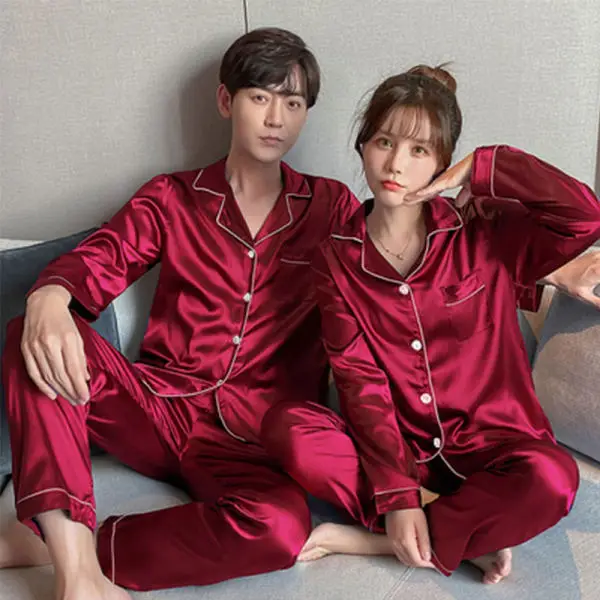 Silk Couple Pajamas Long Sleeve Black Loose Autumn