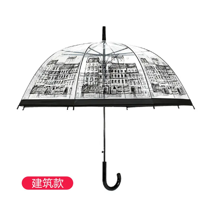 Transparent Umbrella with Print Designs Long Handle