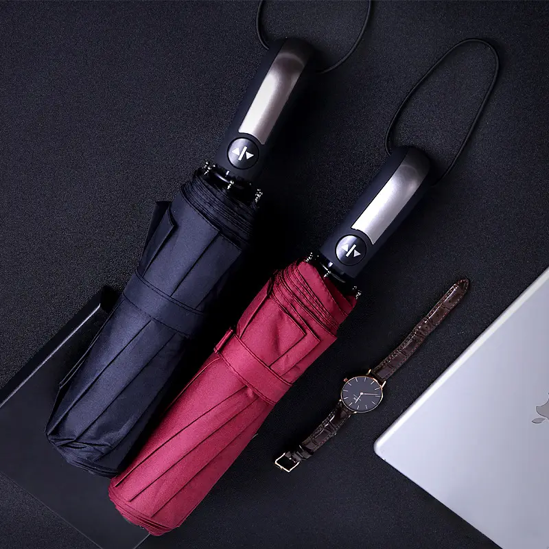 Premium Automatic Folding Umbrella with Leather Case for Rain and Sun Protection
