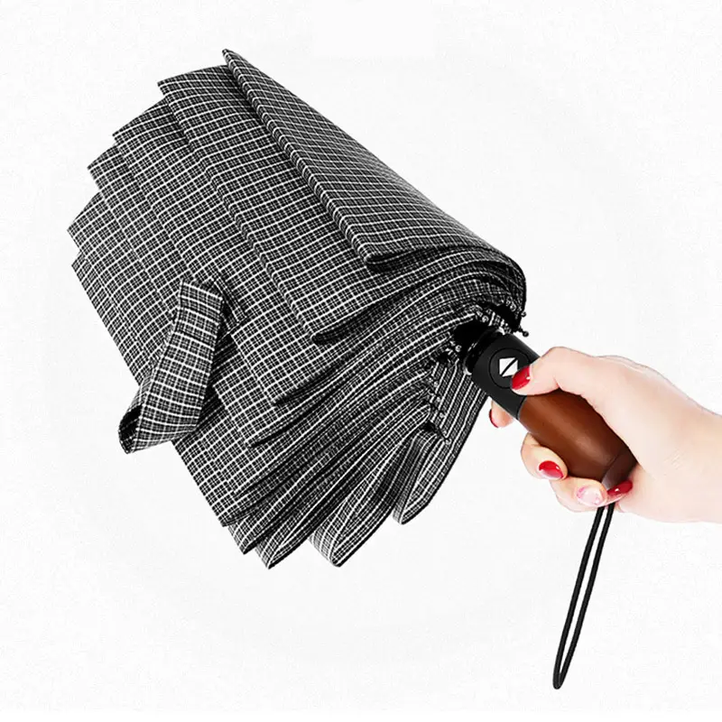 Automatic Wooden Handle Check Umbrella for Men