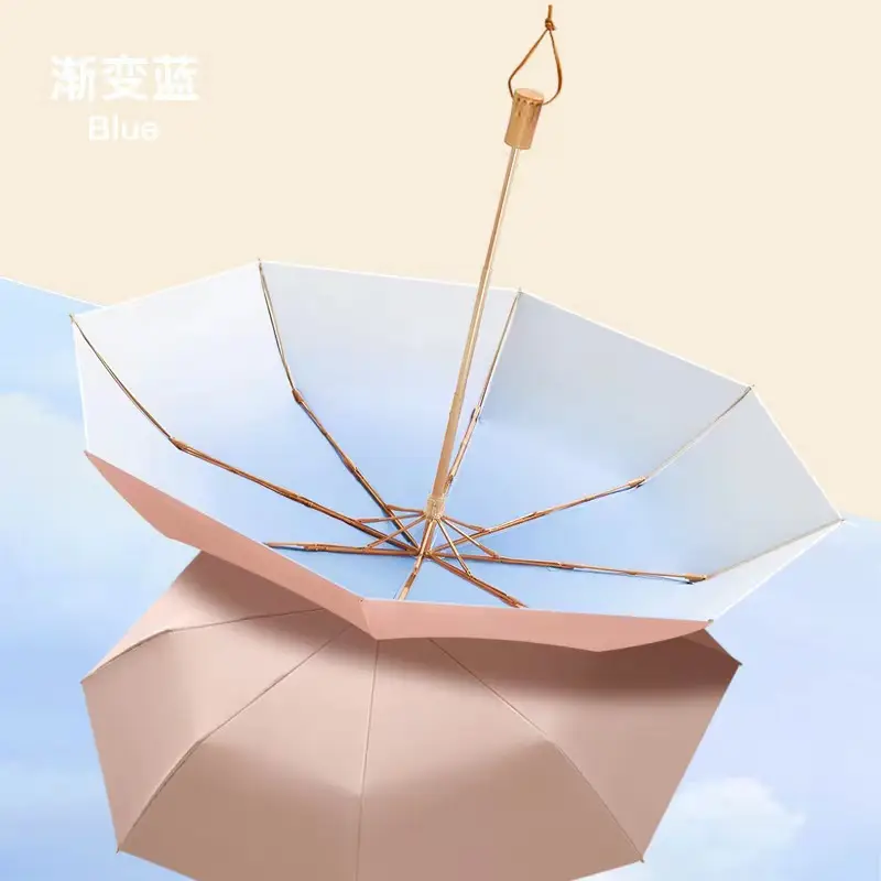 Gradient Wooden Handle UV Protection Sun Umbrella UPF50+