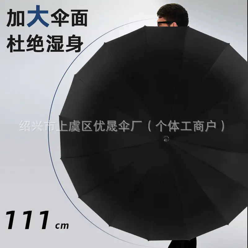 Luxury Solid Wood 16-Bone Auto Long Handle Umbrella Black