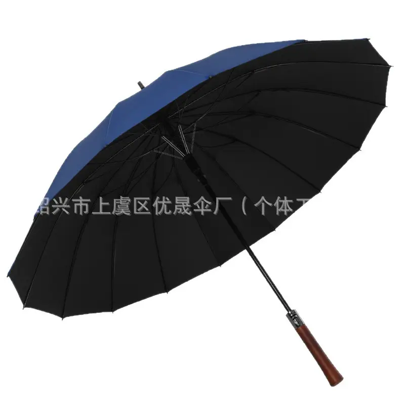 Luxury Solid Wood 16-Bone Auto Long Handle Umbrella Black