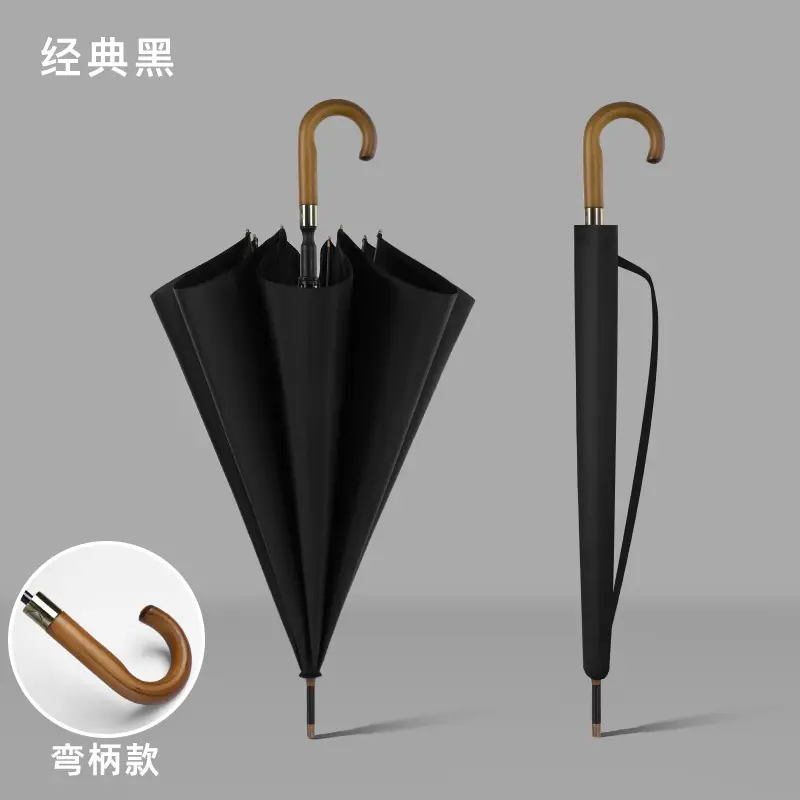 Business Wooden Handle Automatic Umbrella Black