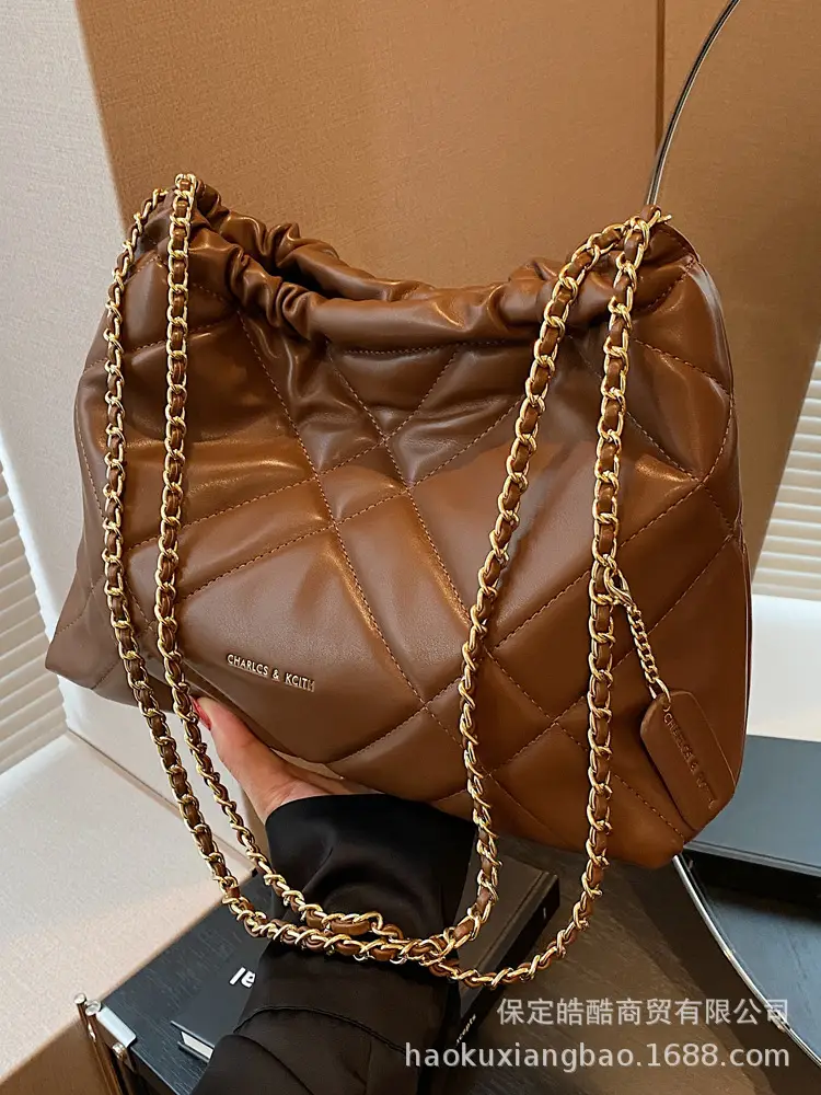 Black Quilted Bucket Bag with Chain Strap for Women
