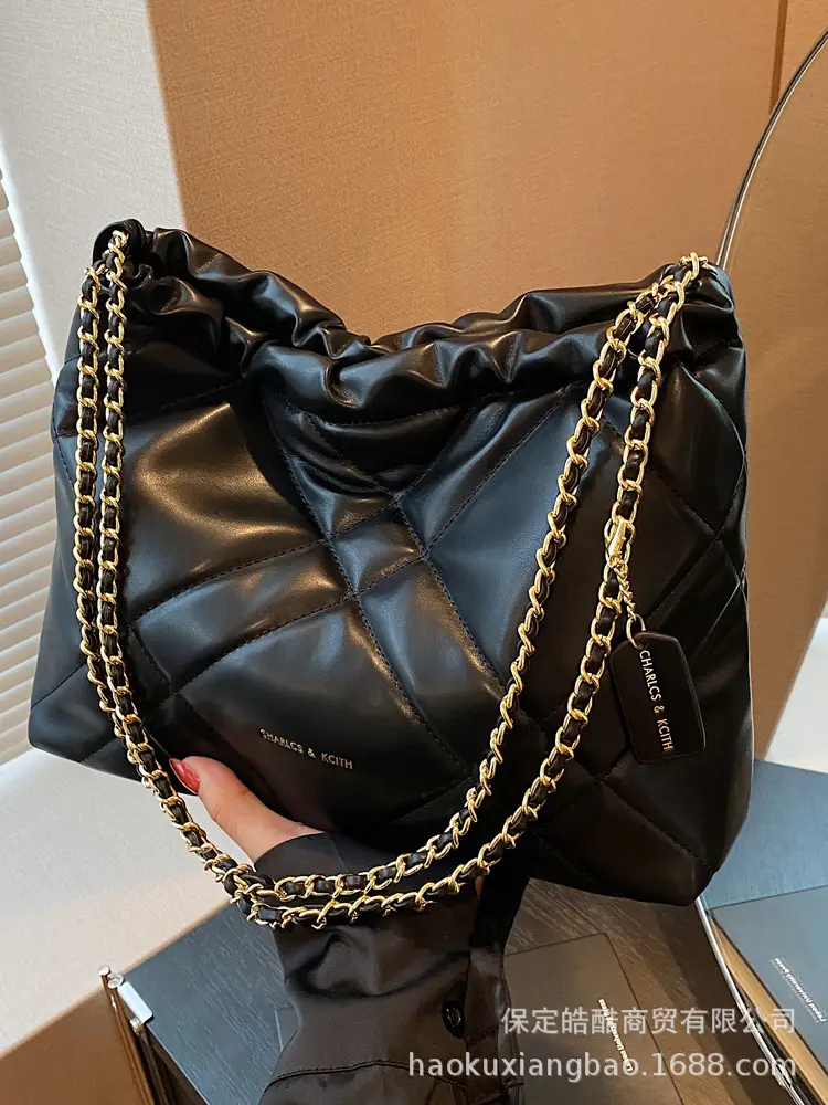 Black Quilted Bucket Bag with Chain Strap for Women