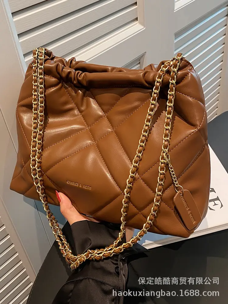 Black Quilted Bucket Bag with Chain Strap for Women