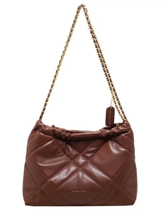 Black Quilted Bucket Bag with Chain Strap for Women