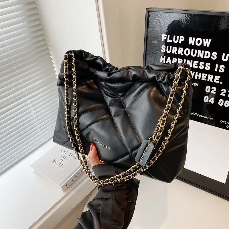 Black Quilted Bucket Bag with Chain Strap for Women