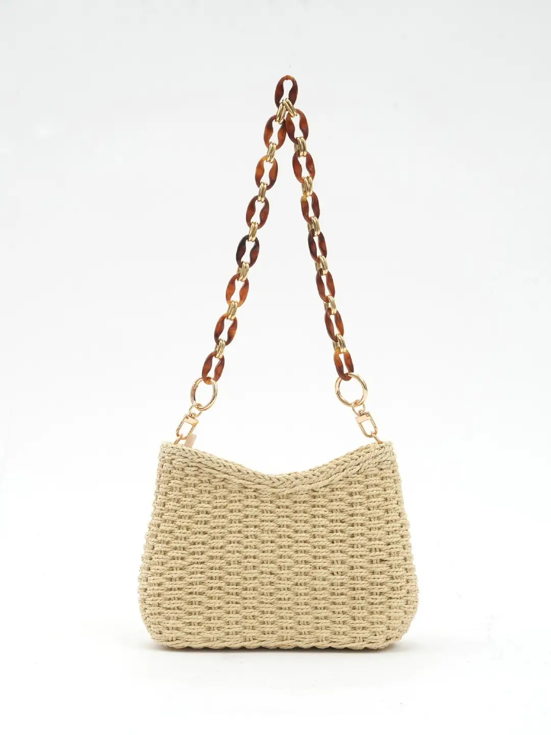 Handwoven Straw Chain Bag Cream Brown Adjustable Strap