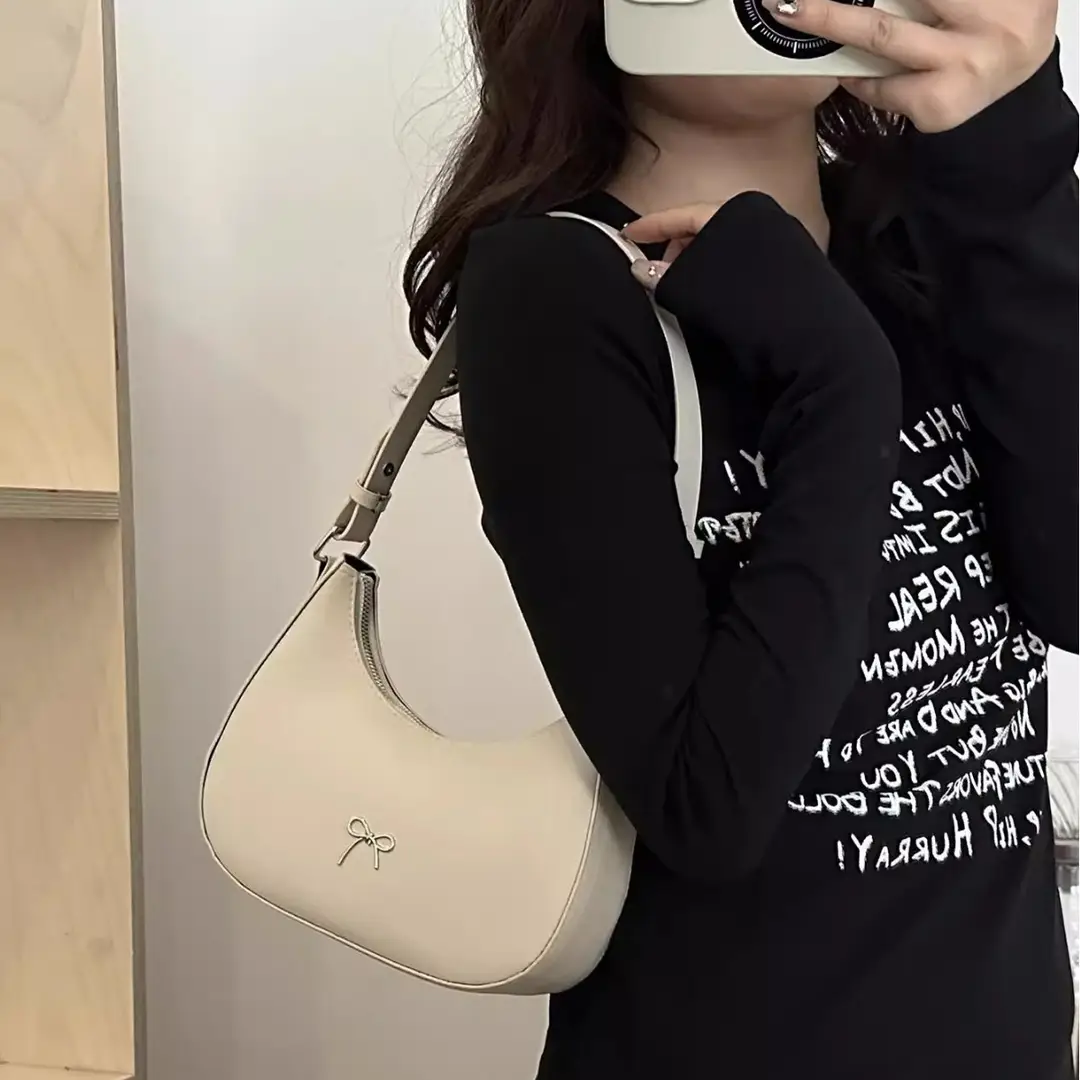 White Crescent Shaped Shoulder Bag with Bow Detail