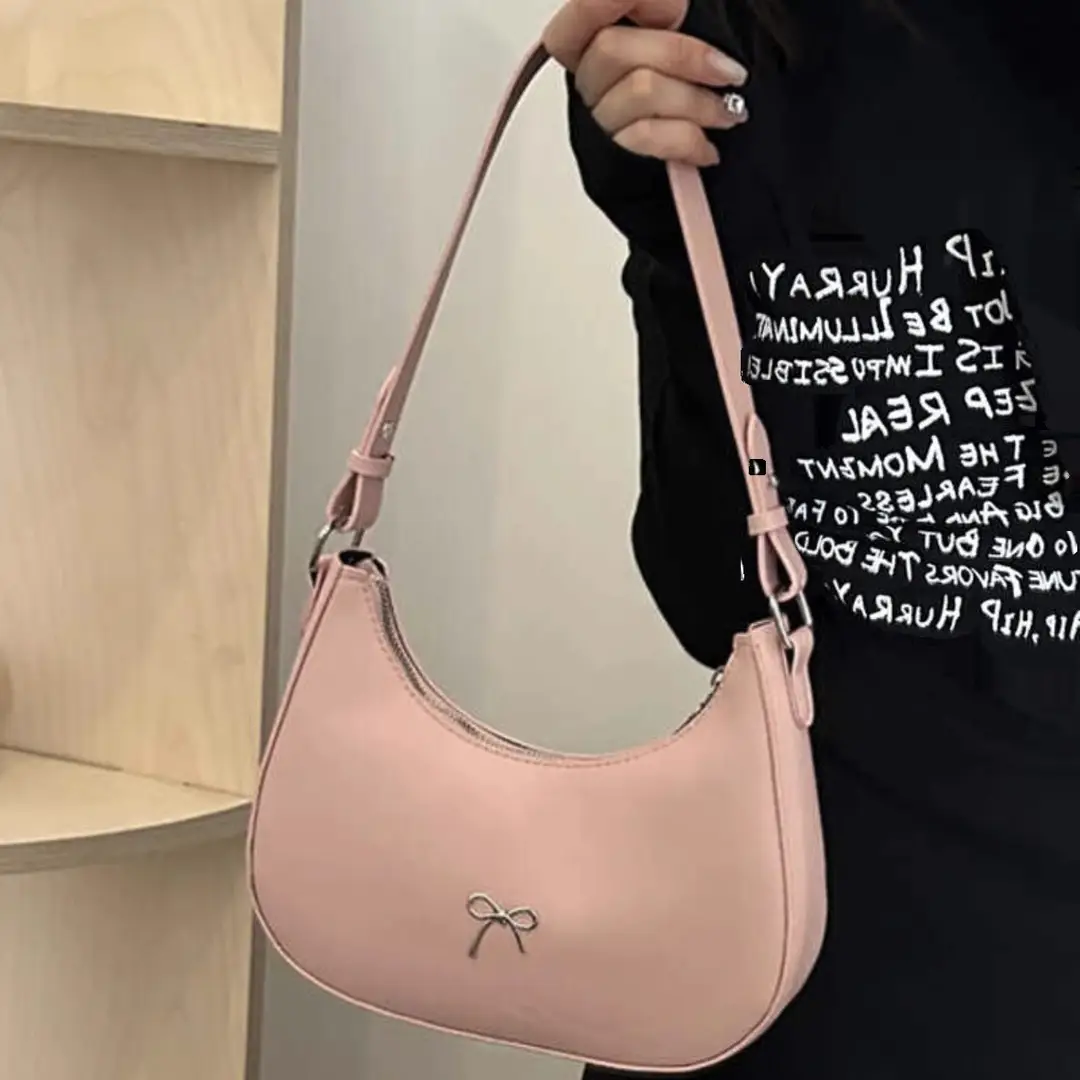 White Crescent Shaped Shoulder Bag with Bow Detail
