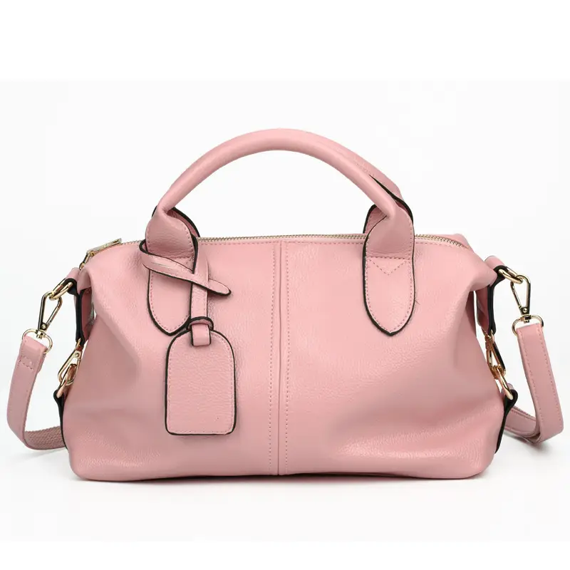 Black Textured Leather Boston Handbag with Gold Hardware