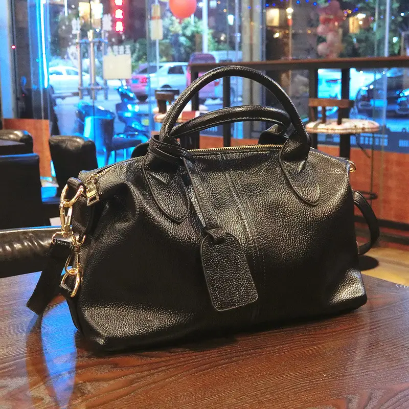 Black Textured Leather Boston Handbag with Gold Hardware