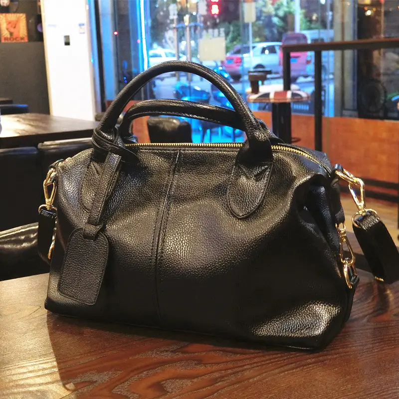 Black Textured Leather Boston Handbag with Gold Hardware