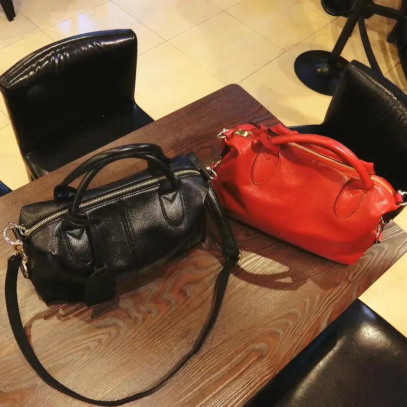 Black Textured Leather Boston Handbag with Gold Hardware