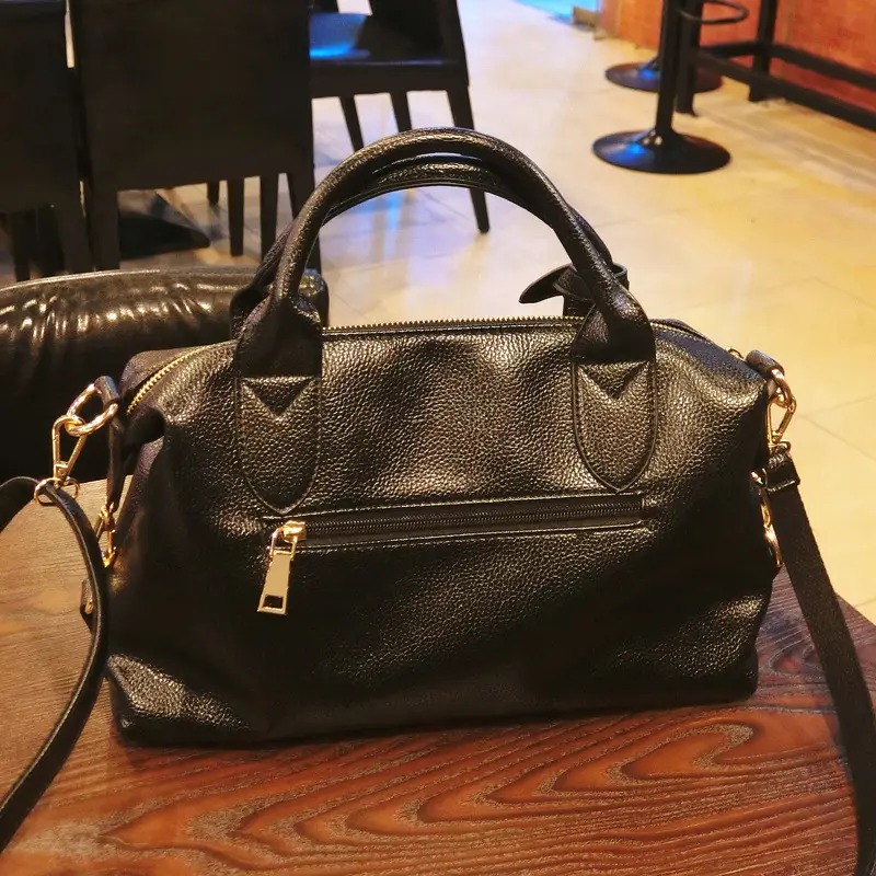 Black Textured Leather Boston Handbag with Gold Hardware