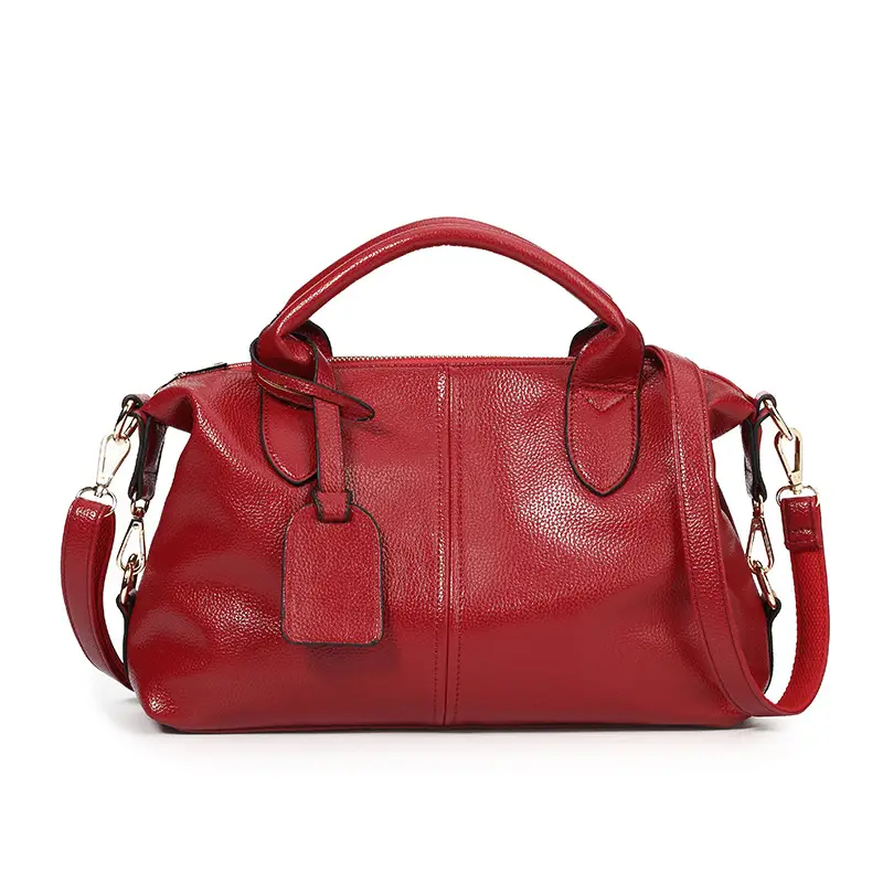 Black Textured Leather Boston Handbag with Gold Hardware