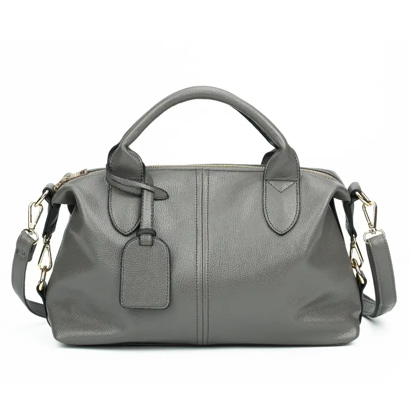 Black Textured Leather Boston Handbag with Gold Hardware