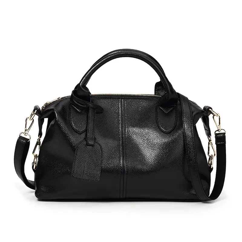 Black Textured Leather Boston Handbag with Gold Hardware