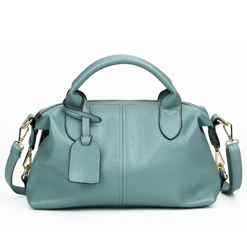 Black Textured Leather Boston Handbag with Gold Hardware