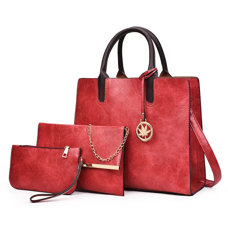 Multi-Piece Faux Leather Handbag Set Brown Star Charm