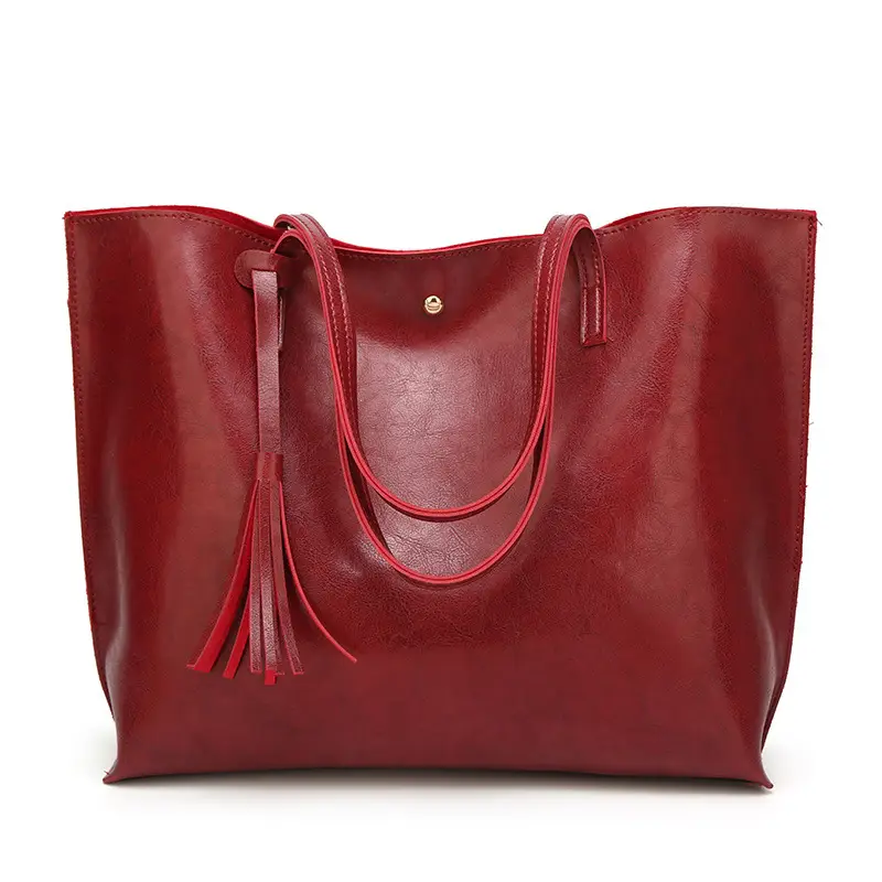 Burgundy Leather Tote Bag with Tassel for Women