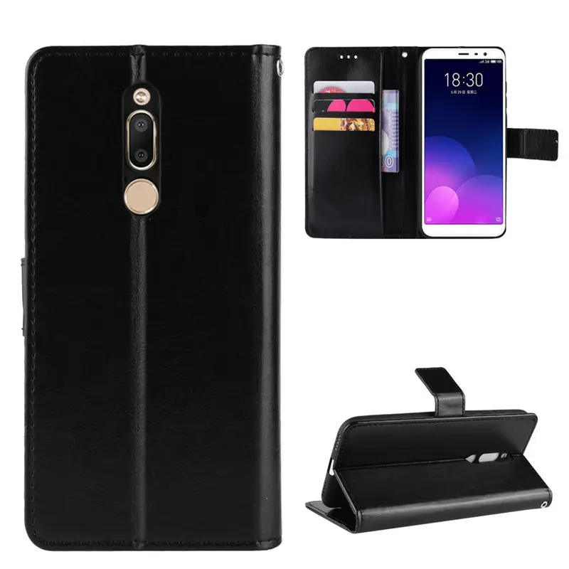 Premium Leather Flip Wallet Case for Meizu M6T 16s M15 in Black Red Brown Cream