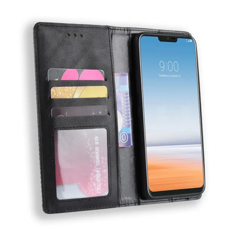 LG G7 ThinQ Card Flip Leather Cover with Magnetic Buckle - Black, Blue, Brown, Red
