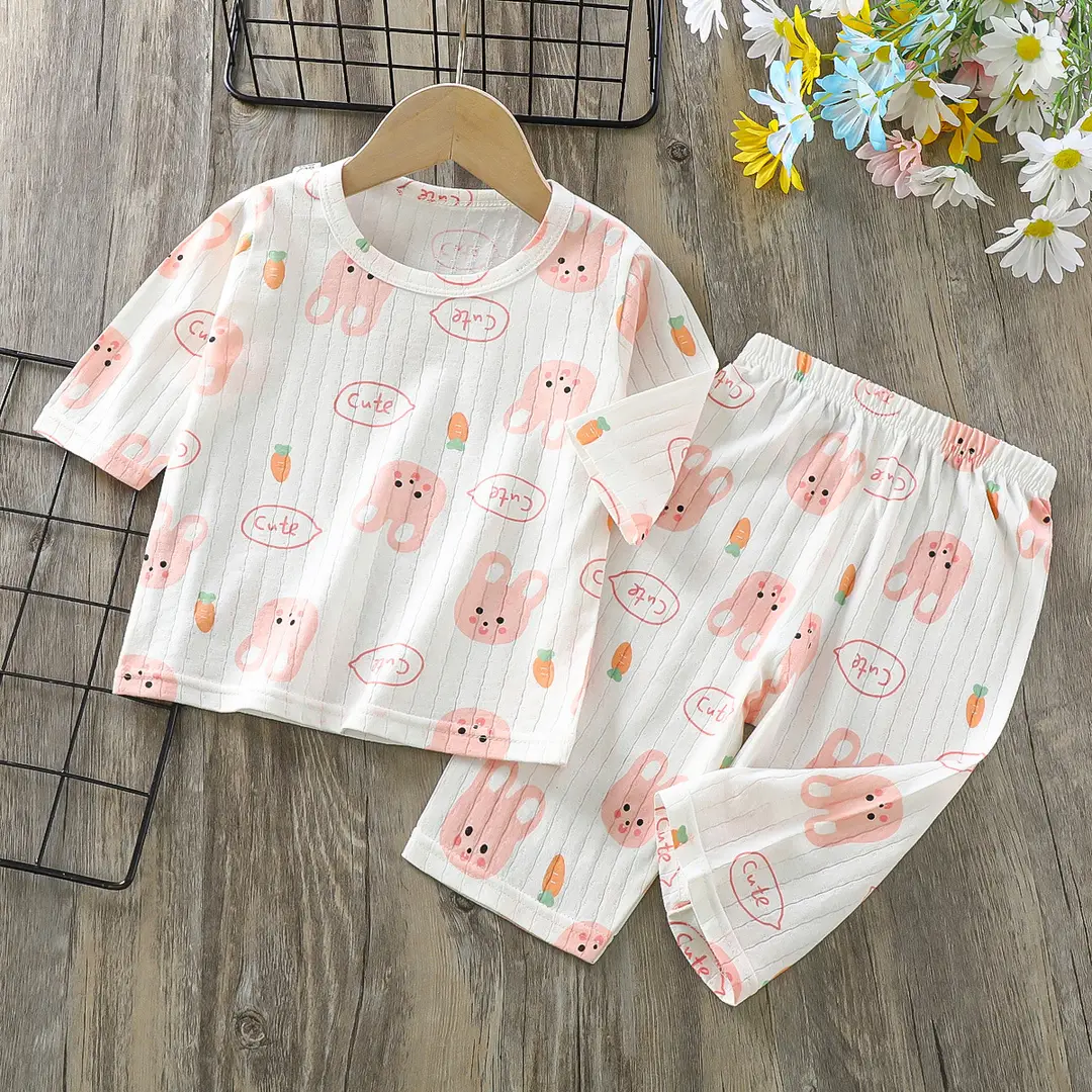 Children's Cotton Pajama Set Bunny Carrot Print Summer Wear