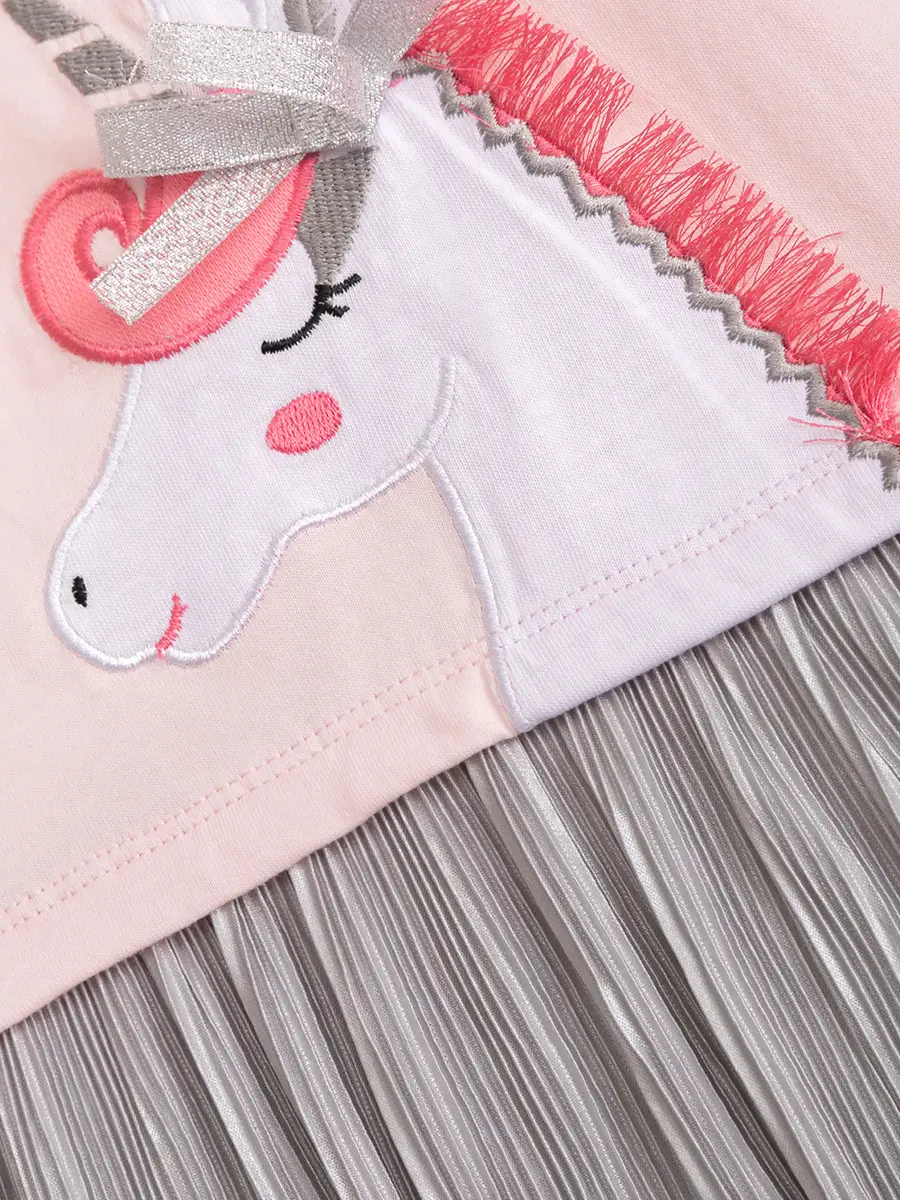 Pink Unicorn Embroidered Girl's Skirt Dress