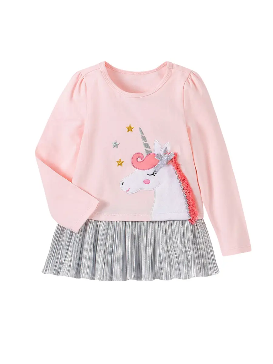 Pink Unicorn Embroidered Girl's Skirt Dress