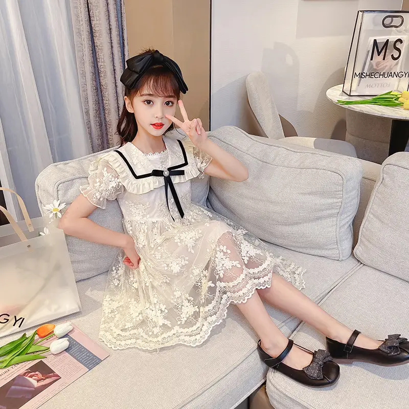 Lace Sailor Dress for Girls Beige Navy Bow