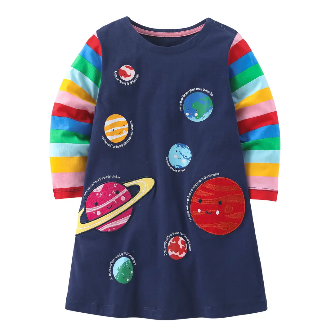 Kids Space Dress Navy Blue Planet Print Long Sleeve