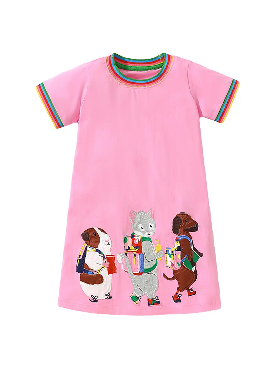 Girls Cotton Dress Rainbow Stripes Animal Embroidery