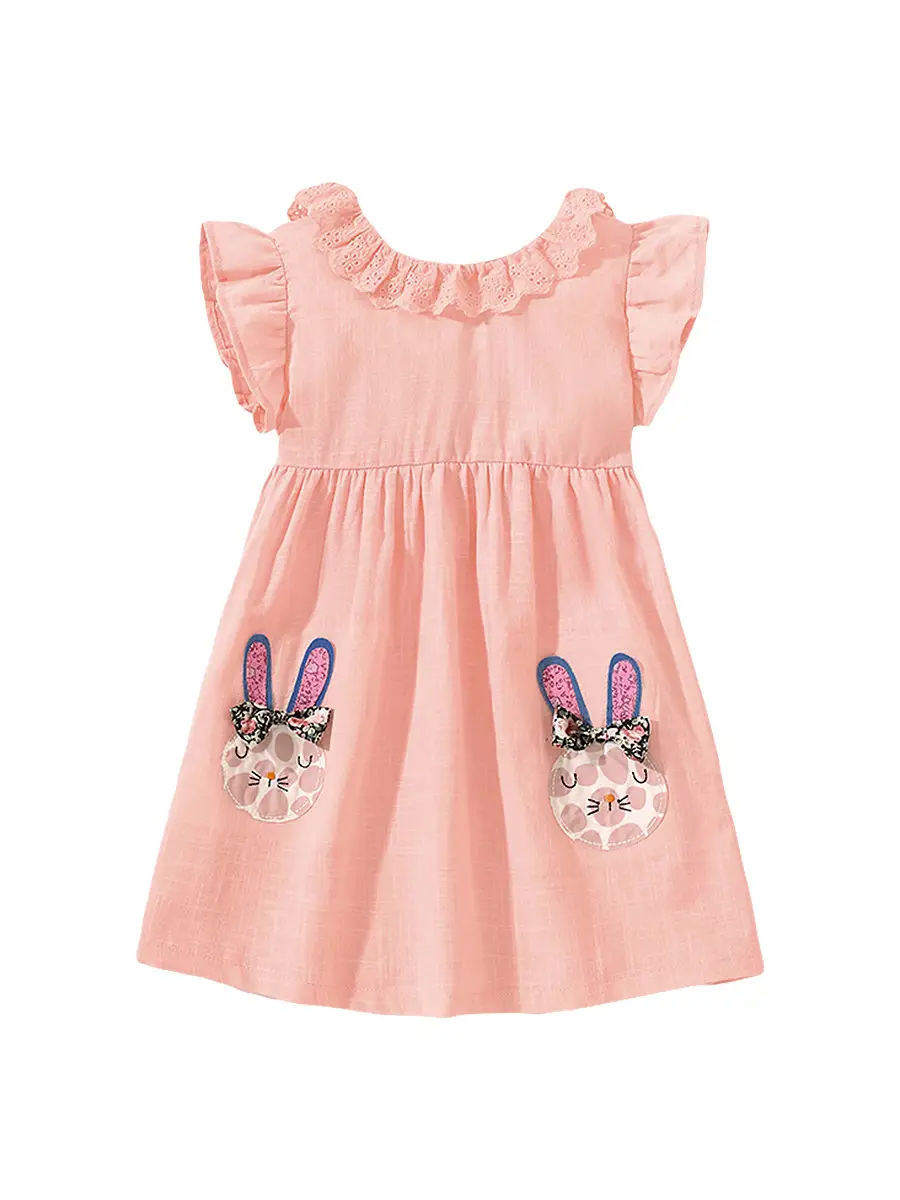 Cute Bunny Embroidered Cotton Dress for Girls Summer