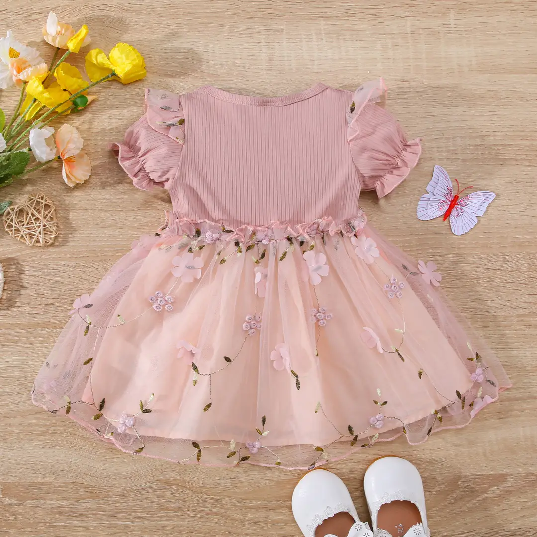 Pink Floral Embroidered Mesh Dress for Girls 3-6 Months