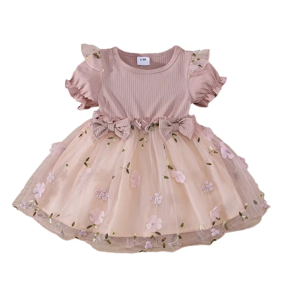 Pink Floral Embroidered Mesh Dress for Girls 3-6 Months