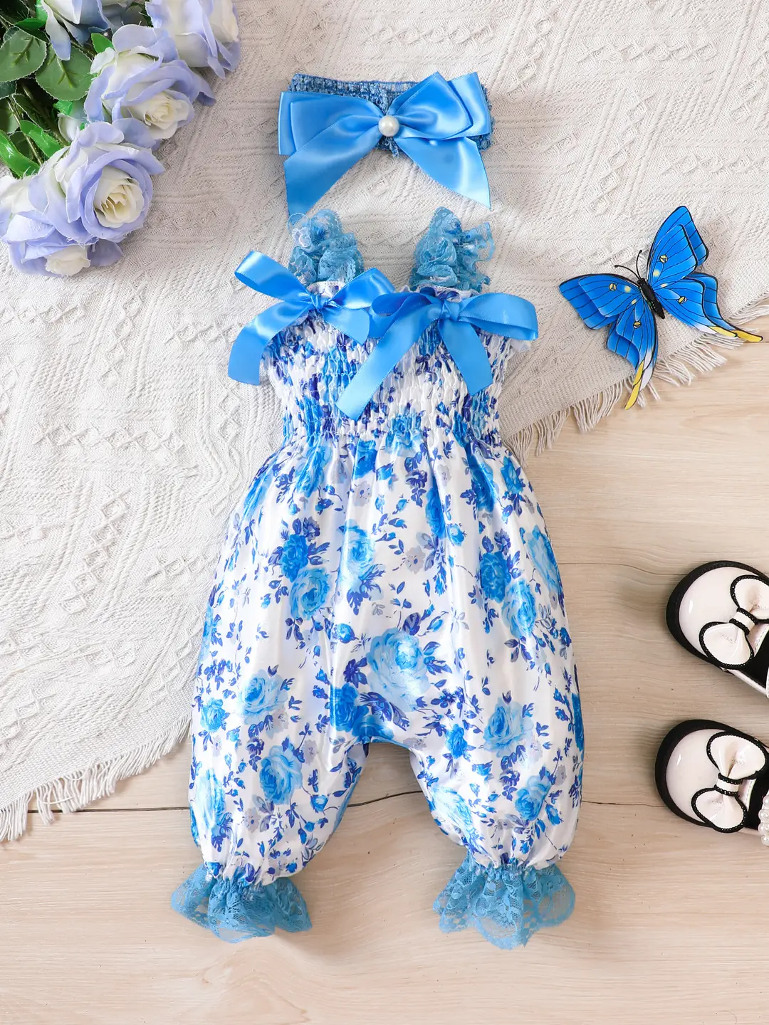 Blue Floral Jumpsuit for Girls with Bow & Lace Trim