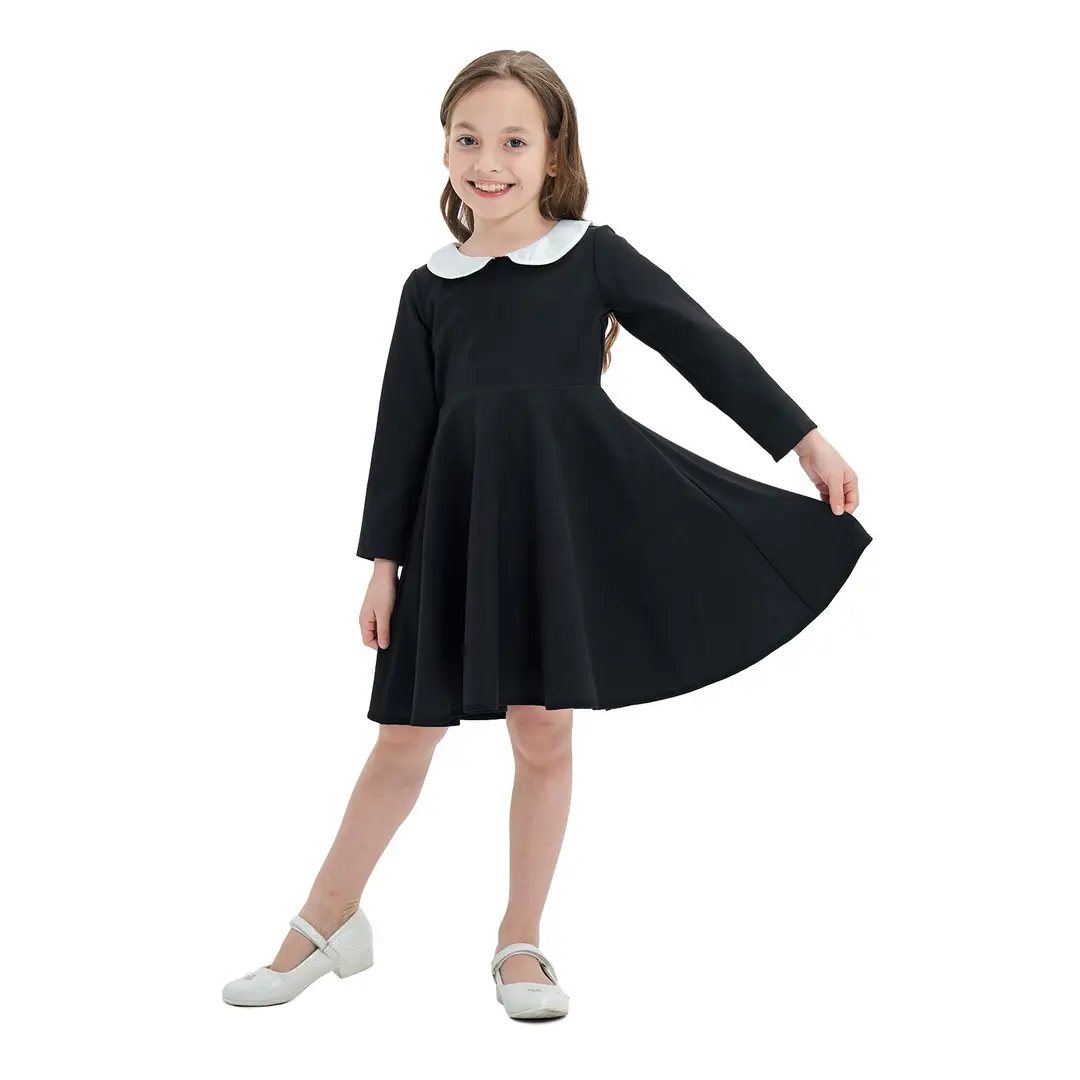 Black Long Sleeve Collar Dress for Girls 5-10 Years