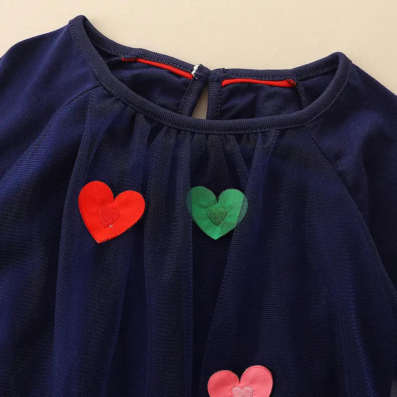Princess Dress for Girls Navy Blue Hearts Long Sleeve