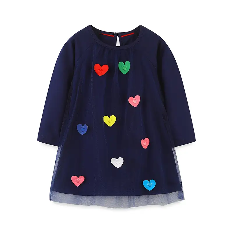Princess Dress for Girls Navy Blue Hearts Long Sleeve